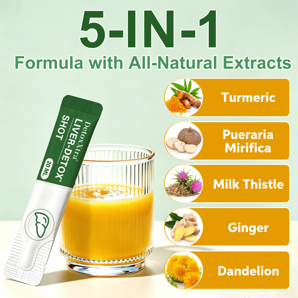 Liver Detox Shot – 5-in-1 Liver Support Dietary Supplement, Orange Flavor, 30 Packets