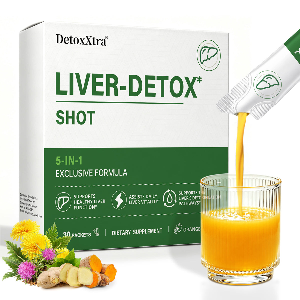 Liver Detox Shot – 5-in-1 Liver Support Dietary Supplement, Orange Flavor, 30 Packets